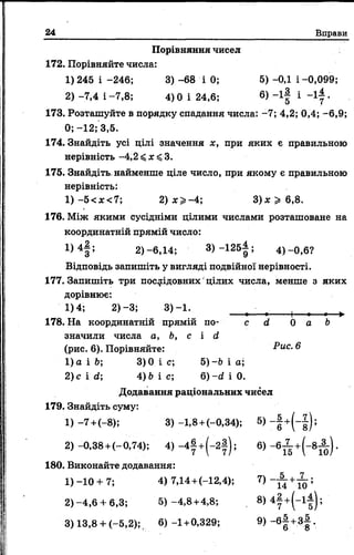 24 Вправи
Порівняння чисел
172. Порівняйте числа:
1) 245 і -246; 3) -68 і 0; 5) -ОД і -0,099;
2) -7,4 і -7,8; 4)0 і 24,6; 6) " i f і •
173. Розташуйте в порядку спадання числа: -7; 4,2; 0,4; -6,9;
0; -12; 3,5.
174. Знайдіть усі ділі значення х, при яких є правильною
нерівність -4,2<£s$ 3.
175. Знайдіть, найменше ціле число, при якому є правильною
нерівність:
1) -5<ж <7; 2) х ^ - 4 ; 3 ) х ^ 6 , 8 .
176. Між якими сусідніми цілими числами розташоване на
координатній прямій число:
І ) 4! : 2)-6,14; 3 ) - 1 2 5 |; 4)-0,6?
Відповідь запишіть у вигляді подвійної нерівності.
177. Запишіть три послідовних'цілих числа, менше з яких
дорівнює:
1)4; 2) -3; 3 )-1 . , , , ,
178. На координатній прямій по- с d 0 а Ь
значили числа а, Ь, с і d
(рис. 6). Порівняйте: Рхіс. 6
1)а і 6; 3)0 і с; 5)-Ь і а;
2)с і d; 4) & і с; 6) - d і 0.
Додавання раціональних чисел
179. Знайдіть суму:
1) -7+ (-8); 3)-1,8+ (-0,34); 5>
2) -0,38 +(-0,74); 4 ) - 4 | +( - 2 |) ; 6) - 6^ +(-8^ ) .
180. Виконайте додавання:
1) -10 + 7; 4) 7,14 +(—12,4); 7) і
2 )-4 ,6 + 6,3; 5 ) - 4 ,8 +4,8; 8 ) 4 | +( - і |) ;
3)13,8+ (-5,2); 6) - 1 +0,329; 9 ) - в | +з | .
 
