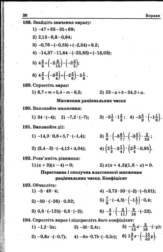 26 Вправи
188. Знайдіть значення виразу:
1) -47 +83-35+69;
2) 2,13-6,8-0,64;
3) -0,76-(-0,55)+ (-2,34)+ 9,2;
4) -14,37-11,64-(-23,85) +(-18,03);
6>4f +H ä ) - ( - 2! ) ;
в ) 4 ! - И ) +К К -
189. Спростіть вираз:
1) 6,7 +/n +5,4-m -8,5; 2) 2 3 -а +6-34,2 +а.
Множення раціональних чисел
190. Виконайте множення:
1)34-(-4); 2 )-7,2-(-7); 3 ) ~ з | - і | ; 4 ) - 3 |- ( - 1 ± ) .
191. Виконайте дії:
1)-14,3-0,6+ 5,7-(-1,4); 3) | • ( - 3 |) - ( - 3 |) • ;
2) (3,4-5)-(-4,12 +4,04); 4) ( 2 |- З І ) • (2 |-0 ,9 б ).
192. Розв’яжіть рівняння:
1) (х + 3)(х - 4) - 0; 2) х(х + 4,3)(1,8 - х) * 0.
Переставна і сполучна властивості множення
раціональних чисел. Коефіцієнт
193. Обчисліть:
1) -5 •4 9 ; 4; 4) -3,73 •50 ; (-2) •(-0,01);
2) -50 • (-26) • 0,02; 5) J *(-4.5) • (-1^) •0,4;
3 )0 ,8 -(-125) 0,5 -(-2); 6) • ( - ^ ) • ^ •(-22).
194. Спростіть вираз і підкресліть його коефіцієнт:
1) -1,2 •За; 3) -5Ь•2,4с; 5) - ± х •^ •(-у);
2 ) -0,8х-.(~0,7); 4 ) - 6а -0,7Ь-(-0,5с); 6) l j * - ( ~ | § y ) .
 