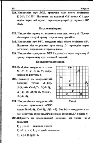 зо Вправи
221. Накресліть кут ВОК, градусна міра якого дорівнює:
1)64°; 2)153°. Позначте на промені ОК точку С і про­
ведіть через неї прямі, перпендикулярні до прямих ОК
і ОВ.
Паралельні прямі
222. Накресліть пряму т, позначте поза нею точку А. Прове­
діть через точку А пряму, паралельну прямій т.
223* Накресліть кут ВЕС, градусна міра якого дорівнює 52°.
Позначте між сторонами кута точку Х> і проведіть через
неї прямі, паралельні сторонам кута.
224. Накресліть трикутник БЕР і проведіть через вершину Е
пряму, паралельну протилежній стороні.
Координатна площина
225. Знайдіть координати точок
М, ІУ, Р, (?, Д, 5, Т, зобра?
жених на рисунку 8.
226. Позначте на координатній
площині точки А (4; 3),
В (5; - 6), С(-2;7), І>(-3;3),
* (-3 ;-3 ), М (0; 5), АГ(5;0),
*4-6; 0).
227. Накресліть на координатній Рис. 8
площині трикутник МКР,
якщо М (-2;4), К(4; 2), Р(2; -2). Знайдіть координати то­
чок перетину сторони МР з віссю у і сторони КР з віссю х.
228.Зобразіть на координатній площині всі точки (х;у)
такі, що:
1)у = 4 , х — довільне число;
2) -3 ^ х < 1, у — довільне число;
У> к
м
1
я
0 1 X
Я
т
р я
 