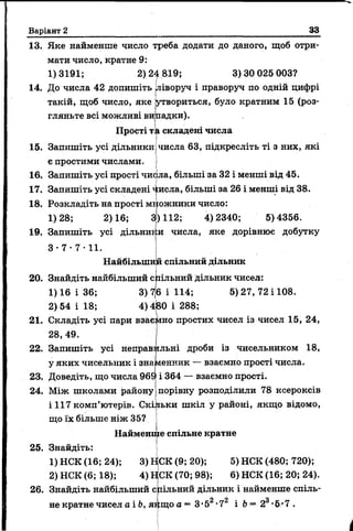 Варіант 2 33
13. Яке найменше число треба додати до даного, щоб отри­
мати число, кратне 9:
1)3191; 2)24 819; 3)30 025 003?
14. До числа 42 допишіть
такій, щоб число, яке
гляньте всі можливі ви
Прості т
ліворуч і праворуч по одній цифрі
утвориться, було кратним 15 (роз­
падки).
(і складені числа
15. Запишіть усі дільники|числа 63, підкресліть ті з них, які
є простими числами. )
ла, більші за 32 і менші від 45.
сисла, більші за 26 і менші від 38.
южники число:
3)112; 4)2340; 5)4356.
и числа, яке дорівнює добутку
16. Запишіть усі прості чис
17. Запишіть усі складені
18. Розкладіть на прості мї
1) 28; 2) 16;
19. Запишіть усі дільниі
З -7 -7 -1 1 .
Найбільший спільний дільник
20. Знайдіть найбільший спільний Дільник чисел:
1) 16 і 36; 3) 7)6 і 114; 5) 27, 72 і 108.
2) 54 і 18; 4) 4&0 і 288;
21. Складіть усі пари взаємно простих чисел із чисел 15, 24,
28, 49.
22. Запишіть усі неправильні дроби із чисельником 18,
менник — взаємно прості числа,
і 364 — взаємно прості,
порівну розподілили 78 ксероксів
і 117 комп’ютерів. Скільки шкіл у районі, якщо відомо,
що їх більше ніж 35?
Найменше спільне кратне
25. Знайдіть:
1) НСК (16; 24); 3) НСК (9; 20); 5) НСК (480; 720);
2) НСК (6; 18); 4) НСК (70; 98); 6) НСК (16; 20; 24).
26. Знайдіть найбільший спільний дільник і найменше спіль-
у яких чисельник і зна
23. Доведіть, що числа 96£
24. Між школами району
не кратне чисел аіЬ, я^що а ■■ З •52•72 і Ь- 2 ’5'7 .
 