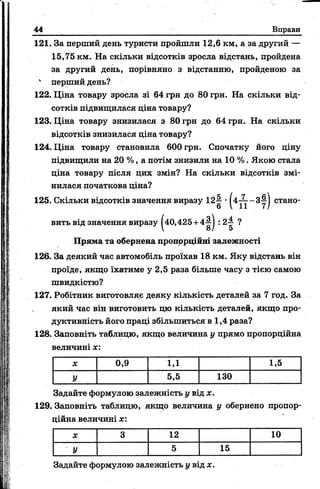 44 Вправи
121. За перший день туристи пройщли 12,6 км, а за другий —
15,75 км. На скільки відсотків зросла відстань, пройдена
за другий день, порівняно з відстанню, пройденою за
' перший день?
122. Ціна товару зросла зі 64 грн до 80 грн. На скільки від­
сотків підвищилася ціна товару?
123. Ціна товару знизилася з 80 грн до 64 грн. На скільки
відсотків знизилася ціна товару?
124. Ціна товару становила 600 грн. Спочатку його ціну
підвищили на 20 %, а потім знизили на 10 %. Якою стала
ціна товару після цих змін? На скільки відсотків змі­
нилася початкова ціна?
125. Скільки відсотків значення виразу 12^ •(4-^--3^1 стано-
6 V 11 7/
вить від значення виразу ^40,425+4 ^ | : 2-4 ?
Пряма та обернена пропррційні залежності
126. За деякий час автомобіль проїхав 18 км. Яку відстань він
проїде, якщо їхатиме у 2,5 раза більше часу з тією самою
швидкістю?
127. Робітник виготовляє деяку кількість деталей за 7 год. За
який час він виготовить цю кількість деталей, якщо про­
дуктивність його праці збільшиться в 1,4 раза?
128. Заповніть таблицю, якщо величина у прямо пропорційна
величині х :
X 0,9 1,1 1,5
У 5,5 130
Задайте формулою залежність у від х.
129. Заповніть таблицю, якщо величина у обернено пропор­
ційна величині х:
X 3 12 10
У 5 15
Задайте формулою залежність у від х.
 