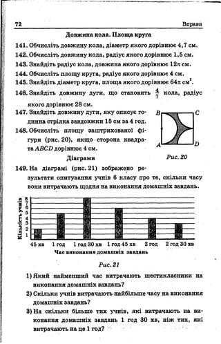72 Вправи
Довжина кола. Площа круга
141. Обчисліть довжину кола, діаметр якого дорівнює 4,7 см.
142. Обчисліть довжину кола, радіус якого дорівнює 1,5 см.
143. Знайдіть радіус кола, довжина якого дорівнює 12л см.
144. Обчисліть площу круга, радіус якого дорівнює 4 см.
145. Знайдіть діаметр круга, площа якого дорівнює 64л см2.
146. Знайдіть довжину дуги, що становить ~ кола, радіус
якого дорівнює 28 см.
147. Знайдіть довжину дуги, яку описує го­
динна стрілка завдовжки 15 см за 4 год.
148. Обчисліть площу заштрихованої фі­
гури (рис. 20), якщо сторона квадра­
таАВСО дорівнює 4 см.
Діаграми
149. На діаграмі (рис. 21) зображено ре-/
зультати опитування учнів 6 класу про те, скільки часу
вони витрачають щодня на виконання домашніх завдань.
45 хв 1 год 1год ЗОхв 1год 45 хв 2 год
Час виконання домашніх завдань
2 год ЗОхв
Рис. 21
1)Який найменший час витрачають шестикласники на
виконання домашніх завдань?
2) Скільки учнів витрачають найбільше часу на виконання
домашніх завдань?
3)На скільки більше тих учнів, які витрачають на ви­
конання домашніх завдань 1 год ЗО хв, ніж тих, які
витрачають на де 1 год?
 