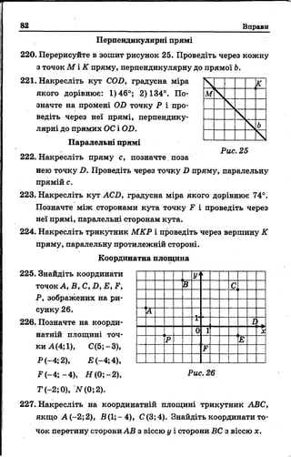 82 Вправи
Рис. 25
Перпендикулярні прямі
220. Перерисуйте в зошит рисунок 25. Проведіть через кожну
з точок М і К пряму, перпендикулярну до прямої Ь.
221. Накресліть кут COD, градусна міра
якого дорівнює: 1) 46°; 2) 134°. По­
значте на промені OD точку Р і про­
ведіть через неї прямі, перпендику­
лярні до прямих ОС і OD.
Паралельні прямі
222. Накресліть пряму с, позначте поза
нею точку D. Проведіть через точку D пряму, паралельну
прямій с.
223. Накресліть кут ACD, градусна міра якого дорівнює 74°.
Позначте між сторонами кута точку F і проведіть через
неї прямі, паралельні сторонам кута.
224. Накресліть трикутник МКР і проведіть через вершину К
пряму, паралельну протилежній стороні.
Координатна площина
225. Знайдіть координати
точок А ,В ,С , D, Е, F,
Р, зображених на ри­
сунку 26.
226. Позначте на коорди­
натній площині точ­
ки А(4;1), С(5;-3),
Р(-4;2), Е ( - 4; 4),
F (-4 ;-4 ), Н (0;—2),
Т ( - 2;0), N ( 0;2).
У‘
В С
А
1 Lі
0 1 X
Р Е
F
Рис. 26
227. Накресліть на координатній площині трикутник АВС,
якщо А (-2; 2), В (1;- 4), С (3; 4). Знайдіть координати то­
чок перетину сторони АВ з віссю у і сторони ВС з віссю х.
 