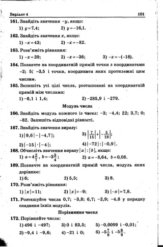 Варіант 4 101
161. Знайдіть значення -у, якщо:
1) у = 7,4; 2) у =-16,1.
162. Знайдіть значення *, якщо:
1) -* = 43; 2) -* = -82.
163. Розв’яжіть рівняння:
1) -* = 20; 2 )-* =-36; 3) -* = -(-18).
164. Позначте на координатній прямій точки з координатами
-2; 5; -3,5 і точки, координати яких протилежні цим
числам.
165. Запишіть усі цілі числа, розташовані на координатній
прямій між числами:
1)-6,1 і 1,4; 2)-285,9 і -279.
Модуль числа
166. Знайдіть модуль кожного із чисел: -3; -4,4; 22; 3,7; 0;
-82. Запишіть відповідні рівності.
167. Знайдіть значення виразу:
1) І9 ,6 1- | -4,7 |; 3)
2) | -15 і - 1-4 і; 4 ) |-72 | : |-0 ,9 1 .
168. Обчисліть значення виразу (а | : | Ь|, якщо:
1) а =4 | , Ь= - 3 |; 2) а = -8,64, Ь=0,08.
169. Позначте на координатній прямій числа, модуль яких
дорівнює:
1)6; 2)5,5; 3)8.
170. Розв’яжіть рівняння:
1 )|* | =11; 2) |* |= -9; 3 ) |- * | =7,8.
171. Розташуйте числа 0,7; -3,8; 6,7; -2,9; -4,8 у порядку
спадання їхніх модулів.
Порівняння чисел
172. Порівняйте числа:
1)496 і -497; 3)0 і 83,5; 5)-0,0099 і -0,01;
2)-9,4 і -9,6; 4)-21 і 0; 6) - 5 | і - б |.
7 + 5
15 18
 