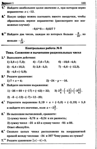 Вариант 1 115
7.* Найдите наибольшее целое значение х, при котором верно
неравенство х < - 12.
в,* Какую цифру можно поставить вместо звездочки, чтобы
образовалось верное неравенство (рассмотрите все воз­
можные случаи):
-9,6 *8 >-9,627?
0.** Найдите два числа, каждое из которых больше , но
о
меньше
19
Контрольнаяработа №8
Тема. Сложениеи вычитаниерациональных чисел
1.° Выполните действия:
1) 3,8+(-7,3); 4) -7,6+7,6; 6) -19,6-4,6;
2) -6,4+10,2; 5) 2,8-5,3; 7) -6,6-(-12,3).
3) -4,6+(-5,9);
2.° Решите уравнение:
1)7 + х = 4; 2) -24 - у = -16.
3.* Найдите значение выражения:
1) -36 + 69 + (-17) + (-42) + 32; 3) 2| - ( - 1§)+(~3§) •
2) -8 -(-1 2 )-(-7 )+ 1 2 -2 0 ;
4.* Упростите выражение 8,19 + а + (-5,8) + (-3,19) + 5,8
О
и найдите его значение, если а = -2 —.
6.* Не выполняя вычислений, сравните:
1) сумму чисел -6,78 и -9,24 и их разность;
2) сумму чисел -25 и 43 и сумму чисел -95 и 88.
Ответ обоснуйте.
в.* Сколько целых чисел расположено на координатной
прямой между числами -34 и 36? Чему равна их сумма?
7.** Решите уравнение ||ж|- 4 1=5.
 