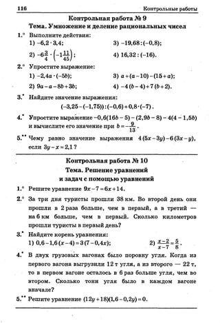 116 Контрольные работы
К о нтро льна я работа № 9
Тем а. Ум нож ение и деление р ациональны х чисел
1.° Выполните действия:
1) -6,2 •3,4; 3) -19,68: (-0,8);
2) -б| •(-1І1) ; 4) 16,32 : (-16).
2.° Упростите выражение:
1) -2,4а•(-56); 3) а +(а-10)-(15 +а);
2) 9 а -а -8 6 +36; 4 ) -4(6-4) +7(6 +2).
3.* Найдите значение выражения:
(-3,25 - (-1,75)): (-0,6) +0,8 •(-7).
4.* Упростите выражение -0,6(166 - 5) - (2,96 - 8) - 4(4 - 1,56)
и вычислите его значение при 6=——.
13
5.“ Чему равно значение выражения 4(5*-З у )-6(3*-у),
если Зг/-* = 2,1 ?
К о н тр о льн а я работа № 10
Тем а. Решение уравнений
и задач с помощью уравнений
1.° Решите уравнение 9 *-7 =6* +14.
2.° За три дня туристы прошли 38 км. Во второй день они
прошли в 2 раза больше, чем в первый, а в третий —
на 6 км больше, чем в первый. Сколько километров
прошли туристы в первый день?
3.* Найдите корень уравнения:
1) 0,6-1,6(*-4) =3(7-0,4*); 2 ) ^ | =| .
х -7 8
4.* В двух грузовых вагонах было поровну угля. Когда из
первого вагона выгрузили 12 т угля, а из второго — 22 т,
то в первом вагоне осталось в 6 раз больше угля, Чем во
втором. Сколько тонн угля было в каждом вагоне
вначале?
5.’ * Решите уравнение (12і/+18)(1,6-0,2і/) =0.
 