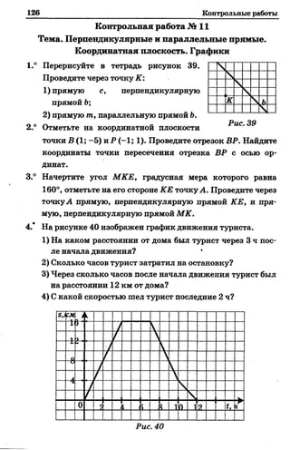 126 Контрольные работы
К о н тр о льн а я работа № 11
Тем а. П е рпендикулярн ы е и пар алле льны е прямы е.
К о орди натная плоскость. Гр а ф и к и
1.° Перерисуйте в тетрадь рисунок 39.
Проведите через точку К :
1) прямую с, перпендикулярную
прямой Ь;
2) прямую т., параллельную прямой Ь.
2° Отметьте на координатной плоскости
точки В (1; -5) и Р (-1; 1). Проведите отрезок ВР. Найдите
координаты точки пересечения отрезка ВР с осью ор­
динат.
3.° Начертите угол МКЕ, градусная мера которого равна
160°, отметьте на его стороне КЕ точкуА. Проведите через
точкуА прямую, перпендикулярную прямой КЕ, и пря­
мую, перпендикулярную прямой МК.
4.* На рисунке 40 изображен график движения туриста.
1) На каком расстоянии от дома был турист через 3 ч пос­
ле начала движения? •
2) Сколько часов турист затратил на остановку?
3) Через сколько часов после начала движения турист был
на расстоянии 12 км от дома?
4) С какой скоростью шел турист последние 2 ч?
Рис. 40
 