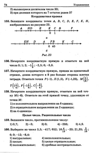 74 Упражнения
2) являющееся делителем числа 30;
3) при делении которого на 7 остаток равен 3?
Координатная прямая
155. Запишите координаты точек А, В, С, D, Е, F, К, Н,
изображенных на рисунке 23.
А HD Е К С В F
Ч 4 |- » - 4 1- - - - -4- - ---1- - - - -♦---- 4---- 4— Н-----1 - * Ч — ►
0 1
а
EH D А FB К С
1-----1-- - - -4 - < Н----- ♦---- 1- - - - - - -4--- --М - 4-- - - - - -1- 4--------1- 4---- 1— ►
0 40
б
Рид. 23
156. Начертите координатную прямую и отметьте на ней
числа 0; 1; 2; -1 ^ ; -2,5; 6; -3,8.
157. Начертите координатную прямую, приняв за единичный
отрезок, длина которого в 8 раз больше стороны клетки
тетради. Отметьте точки Р(-1) ,Е (1,5), N (-1,25), М ,
158. Начертите координатную прямую, отметьте на ней точ­
ку М (-6). Отметьте на этой прямой точку, удаленную от
точки М:
1) в положительном направлении на 6 единиц;
2) в отрицательном направлении на 2 единицы;
3) на 4 единицы.
Целые числа. Рациональные числа
159. Запишите число, противоположное числу:
1)0,7; 2) -3; 3)0; 4)-288; 5)4,9.
160. Выберите из чисел 3,5; -417; 652; 16-^5 -20; 21,35;
6; 0 ;-1 2 ;-8 ,4 :
1) натуральные; 4) неположительные;
2) целые; 5) целые отрицательные;
3) положительные; 6) дробные неотрицательные.
 