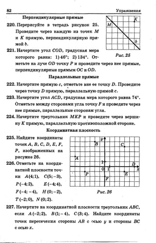 82 Упражнения
Перпендикулярные прямые
220. Перерисуйте в тетрадь рисунок 25.
Проведите через каждую из точек М
и К прямую, перпендикулярную пря­
мой ъ.
221. Начертите угол COD, градусная мера
которого равна: 1) 46°; 2) 134°. От­
метьте на луче OD точку Р и проведите через нее прямые,
перпендикулярные прямым ОС и OD.
Параллельные прямые
222. Начертите прямую с, отметьте вне ее точку D. Проведите
через точку D прямую, параллельную прямой с.
223. Начертите угол ACD, градусная мера которого равна 74°.
Отметьте между сторонами угла точку F и проведите через
нее прямые, параллельные сторонам угла.
224. Начертите треугольник МКР и проведите через верши­
ну К прямую, параллельную противоположной стороне.
Координатная плоскость
225. Найдите координаты
точек А, В, С, D, Е, F,
Р, изображенных на
рисунке 26.
226. Отметьте на коорди­
натной плоскости точ­
ки А(4;1), С(5;-3),
Р(-4;2), Е (- 4; 4),
F (-4 ;-4 ), Я (0 ;-2 ), Рис. 26
Т (-2;0), iV(0; 2).
227. Начертите на координатной плоскости треугольник ABC,
если А (-2; 2), В (1;-4), С(3;4). Найдите координаты
точек пересечения стороны АВ с осью у и стороны ВС
с осью х.
У‘ 1
В С
А
1 L|
0 1 X
Р Е
F
 