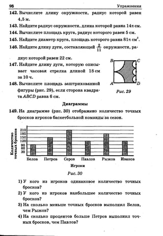 98 Упражнения
142. Вычислите длину окружности, радиус которой равен
4,5 м.
143. Найдите радиус окружности, длина которой равна 14л см.
144. Вычислите площадь круга, радиус которого равен 5 см.
145. Найдите диаметр круга, площадь которого равна 81тс см2.
146. Найдите длину дуги, составляющей ■— окружности, ра­
диус которой равен 22 см.
147. Найдите длину дуги, которую описы­
вает часовая стрелка длиной 18 см
за 10 ч.
148. Вычислите площадь заштрихованной
фигуры (рис. 29), если сторона квадра­
таАВС2) равна 6 см.
Диаграммы
149. На диаграмме (рис. 30) отображено количество точных
бросков игроков баскетбольной команды за сезон.
Рис. 29
се
© §
в о
£ в
5 Яо я
и гон
210
180
150
120
90
60
30
Белов Петров Серов Павлов Рыжов Иванов
Игроки
Рис. 30
1) У кого из игроков одинаковое количество точных
бросков?
2) У кого из игроков наибольшее количество точных
бросков?
3) На сколько меньше точных бросков выполнил Белов,
чем Рыжов?
4) На сколько процентов больше Петров выполнил точ­
ных бросков, чем Павлов?
 