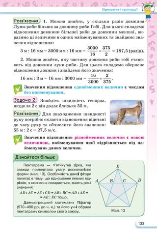 Відношення і пропорції
Розв’язання 1. Можна знайти, у скільки разів довжина
Луни-риби більша за довжину риби Гобі. Для цього складемо
відношення довжини більшої риби до довжини меншої, ви­
разимо ці величини в одних найменуваннях та знайдемо зна-
чення відношення:
3000 375
3 м : 16 мм = 3000 мм : 16 мм =-------=
16
=----- = 187,5 (разів).
2
2. Можна знайти, яку частину довжина риби тобі стано­
вить від довжини луни-риби. Для цього складемо обернене
відношення довжин і знайдемо його значення:
16 2
16 мм : 3 м = 16 мм : 3000 мм =-------=
3000 ’375
Значення відношення однойменних величин є числом
без найменування.
Задача 2^ Знайдіть швидкість гепарда,
якщо за 2 с він долає близько 55 м.
Розв’язання Для знаходження швидкості
руху потрібно скласти відношення відстані
до часу руху та обчислити його значення:
55 м : 2 с = 27,5 м/с.
Значення відношення різнойменних величин є новою
величиною, найменування якої відрізняється від на­
йменувань даних величин.
Пентаграма — п’ятикутна зірка, яка
завжди привертала увагу досконалістю
форми (мал. 13). Особливість даної фігури
полягає в тому, що відношення певних від­
різків, з яких вона складається, мають рівні
значення:
тШ: АС=АС : С£) = АВ: ВС=ДП: =
= АЕ : ЕС тощо.
Давньогрецький математик Піфагор
(570-490 рр. до н. е.) та його учні обрали
пентаграму символом свого союзу.
Е
А
У
133
 