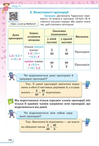 Л <ь
Розділ 4
# к лФЁзгИВЯ
N
https://cutt.ly/fMZknmf
https://cutt.ly/fMZknmf так, щоб отримати пропорцію.
3. Властивості пропорції
Ситуація. Допоможіть Тарасикові пере­
вірити, чи можна в пропорції 1,2:0,3 = 16:4
поміняти місцями середні або крайні члени
Дана
пропорція
Зміни:
поміняти
місцями
Значення
відношення
Висновок
у лівій
частині
у правій
частині
1,2: 0,3 =
= 16 : 4
тільки середні
члени:
1,2 : 16 =
= 0,3:4
3
40
3
40
Пропорція
крайні члени:
4: 0,3 =
= 16 : 1,2
40
3
40
3
Пропорція
Чи відрізняються дана пропорція й
одержані пропорції?
Так. У даної пропорції значення відно­
шень в обох її частинах дорівнює 4, а в одер-
3 . 40 .
жаних--------і — відповідно.
40 З
Від перестановки тільки середніх членів пропорції або
тільки її крайніх членів одержимо нові пропорції, що
відрізняються від даної.
Чи відрізняються між собою одер­
жані пропорції?
Так. Значення їх відношень — це взаєм-
* • 3 • *
40
но обернені числа — і —.
40 З
140
 