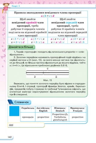 Розділ 4
1 V
w я Ч> w ? V. ■ К— > її V •
Правила знаходження невідомого члена пропорції
a:b = с :d
Щоб знайти
невідомий крайній член
пропорції, треба
добуток її середніх членів
поділити на відомий крайній
член пропорції
Щоб знайти
невідомий середній член
пропорції, треба
добуток її крайніх членів
поділити на відомий середній
член пропорції
X : b = с : d
х = b • с : d
а : b = с : х
X = b • с : а
а: х = с : d
X = a - d : с
а : b = X : d
X = a - d : b
більше
Дізнайтеся
1. Термін «пропорція» походить від латинського ргороПіо— «спів­
відношення».
2, Золотим перерізом називають пропорційний поділ відрізка с на
нерівні частини а і Ь (мал. 15), за якого менша частина так відносить­
ся до більшої, як більша частина відноситься до всього відрізка, тобто
а : Ь = Ь : с. Це відношення приблизно дорівнює 0,618.
с
Мал. 15
Вважають, що поняття золотого перерізу було відоме в стародав­
ньому Єгипті. І справді, пропорції піраміди Хеопса, храмів, барельє­
фів, предметів побуту і прикрас із гробниці Тутанхамона свідчать, що
єгипетські майстри користувалися відношенням золотого перерізу
при їх створенні.
ж Словничок
Українська Англійська/
English
Німецька/
Deutsch
Французька/
Français
пропорція proportion
Proportion (/),
Verhältnis­
gleichung (/)
proportion
000
J
142
 