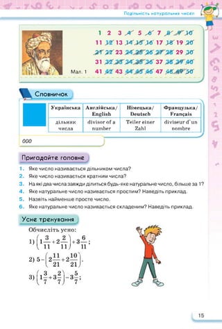 *л» ■<
Подільність натуральних чисел
Мал. 1
12 З >Г 5 Ж 7 Jb'jTyi
11 13УСІЇХ 17 У8Г 19 Цв
^22^23 29 М
31 37
41 43 47 М^5в'
Словничок
000
Українська Англійська/
English
Німецька/
Deutsch
Французька/
Français
дільник
числа
divisor of а
number
Teiler einer
Zahl
diviseur d'un
nombre
J
Пригадайте головне
1. Яке число називається дільником числа?
2. Яке число називається кратним числа?
3. На які два числа завжди ділиться будь-яке натуральне число, більше за 1 ?
4. Яке натуральне число називається простим? Наведіть приклад.
5. Назвіть найменше просте число.
6. Яке натуральне число називається складеним? Наведіть приклад.
Усне тренування
Обчисліть усно:
/ о л 
1) 1—+ 2—
І П П)
/
2,51221
3)Г1®+3^
І 7)
+ 3—;
11
21J
_д5.
7’
 