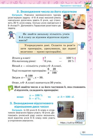 Відношення і пропорції
2. Знаходження числа за його відсотком
я
Ситуація. Учасники математичного турніру
розв’язували задачу: «У 6-А класі високий рівень
навчальних досягнень мають 6 учнів, що стано­
вить 20 % учнів класу. Скільки учнів навчається в
6-А класі?». Допоможіть Тарасикові розв’язати цю
задачу.
Як знайти загальну кількість учнів
6-А класу за відомим відсотком відмін­
ників?
Упорядкувати дані. Скласти та розв’я­
зати пропорцію, урахувавши, що задані
величини — прямо пропорційні.
Всього у класі:
На високому рівні:
г
І 6 учн.
Нехай х — кількість учнів у 6-А класі.
Тоді складаємо пропорцію: — =-----.
х 100
6100
Звідси х =-------- , х = ЗО.
20
Отже, в 6-А класі навчається ЗО учнів.
Щоб знайти число х за його частиною Ь, яка становить
відсотків, складають пропорцію:
якщо
3. Знаходження відсоткового
відношення двох чисел
Ситуація. Із 24 учнів 6-Б класу в спор­
тивних змаганнях брали участь 18 учнів. До­
поможіть учнівській раді школи визначити,
який відсоток учнів 6-Б класу взяв участь
у спортивних змаганнях.
х : Ь = 100 : гі.
Ьіірз://сиії.Іу/Е9/ЗасЦ
191
 