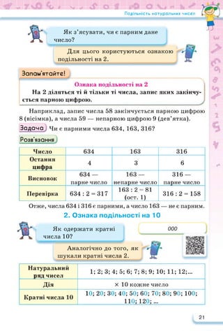 Подільність натуральних чисел
Як з’ясувати, чи є парним дане
число?
Для цього користуються ознакою
подільності на 2.
Гл*—Ч
я
Запам'ятайте!
І 
Ознака подільності на 2
На 2 діляться ті й тільки ті числа, запис яких закінчу­
ється парною цифрою.
Наприклад, запис числа 58 закінчується парною цифрою
8 (вісімка), а числа 59 — непарною цифрою 9 (дев’ятка).
ЗадачаЧи є парними числа 634, 163, 316?
Розв’язання
Число 634 163 316
Остання
цифра
4 3 6
Висновок
634 —
парне число
163 —
непарне число
316 —
парне число
Перевірка 634 : 2 = 317
163 : 2 = 81
(ост. 1)
316:2 = 158
Отже, числа 634 і 316 є парними, а число 163 — не є парним.
2. Ознака подільності на 10
Як одержати кратні
числа 10?
Аналогічно до того, як
шукали кратні числа 2.
Натуральний
ряд чисел
1; 2; 3; 4; 5; 6; 7; 8; 9; 10; 11; 12;...
Дія х 10 кожне число
Кратні числа 10
10; 20; ЗО; 40; 50; 60; 70; 80; 90; 100;
110; 120; ...
21
 