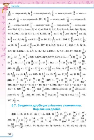 Відповіді
4 . 2 „4 „6
— — скоротний; 3) — — нескоротний; — — нескоротний; — — неско-
1 6 4
ротний; — — нескоротний. 291. 1) — — скоротний; — — скоротний;
8 8 12
8 „ З „2 „4
— — скоротний; 2) — — нескоротний; — — скоротний; — — нескорот­
ний. 292. 1) Ні; 2) так; 3) ні; 4) ні. 293.1) 2; 2) 7; 3) 8; 4) 9; 5) 6; 6) 8; 7) 34;
8) 38. 294. 1) 3; 2) 5; 3) 11; 4) 8. 295. 1) - , на 7; 4) - , на 13; 8) - на 12;
5 5 4
9) - на 16; 10) — на 5; 11) - на 16; 12) — на 11. 296. 1) - , на 4; 2) і ,
4 15 7 11 5 З
на 11; 3) —, на 6; 4) -, на 18. 297. 1) 5; 2) 7; 3)4; 4) 11. 298. 1) 5; 2) 11;
9 5
2) Д- ; 3) ; 4) і . 309. 0,1; 0,11; 0,3; 0,9; 0,36. 310. 1) ; 2) Д ; 3) |
20 25 8 7 11 С
4) |. 311. 1) |; 2) |; 3) |; 4) 312. 1) 2) |; 3) ??; 4)
7 о о 9 7 5 о __
о 1 1 1А 9
313. 1) ----- кг; 2) - кг; 3) - кг; 4) — кг. 314. 1) 10- хв; 2)
200 8 4 25 З
3) 7— хв; 4) 4— хв. 315. 1) 6- хв; 2) 7^ хв; 3) 9- хв; 4)
12 15 6 2 5
Ь аЬ Зу 2г/ ас ЗЬ х
316. 1) -; 2) —; 3) —; 4) . 317. 1) —; 2) —; 3) -;
2 6 5 Зх 3 4с 2
хв;
3) 7; 4) 13. 302. 1, 3, 5, 7, 9, 11, 13, 15. 303. 1, 5, 7, 11, 13, 17. 308. 1) ;
5
' 1Г~' б;
33 „ 53
10 ’ 12‘
5І1
12
10— хв.
5
4) —.
Зхі/
318. 1) х = 3; 2) х = 5; 3) х = 19; 4) х = 1. 319. 1) х = 4; 2) х = 2; 3) х = 5;
4) х = 5. 320. — . 321. — . 323. - . 324. 1) Нескоротний; 2) — ; 3) неско-
70 72 5 25
7 3 3 9
ротний; 4) . 325. Ні. 326. 1) — год; 2) — год; 3) 3 год; 4) — год.
327. 1і кг.
2
§ 7. Зведення дробів до спільного знаменника.
Порівняння дробів
332. 1) 3; 2) 6; 3) 12; 4) 15. 334. 1) 2) ; 3) 4)
21 28 42 56
335. 1) — ; 2) — ; 3) — ; 4) —; 5) — . 336. 1) — ; 2) — ; 3) — ;
32 32 32 32 32 100 100 100
4) — ; 5) — . 337.1) 34; 3) 20; 5) 15; 7) 77; 9) 12; 11) 40; 13) 36; 15) 45;
100 100
212
 