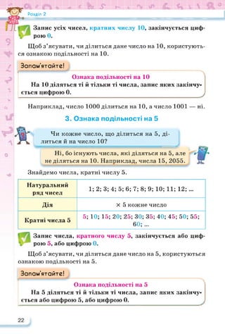 Розділ 2
9
# к лФЁзгИВЯ
N
Запис усіх чисел, кратних числу 10, закінчується циф­
рою 0.
Щоб з’ясувати, чи ділиться дане число на 10, користують­
ся ознакою подільності на 10.
X
А*
V
сь
Запам’ятайте!
Ознака подільності на 10
На 10 діляться ті й тільки ті числа, запис яких закінчу
ється цифрою 0.
Наприклад, число 1000 ділиться на 10, а число 1001 — ні.
3. Ознака подільності на 5
Чи кожне число, що ділиться на 5, ді­
литься й на число 10?
Ні, бо існують числа, які діляться на 5, але
не діляться на 10. Наприклад, числа 15, 2055.
Знайдемо числа, кратні числу 5.
Натуральний
ряд чисел
1; 2; 3; 4; 5; 6; 7; 8; 9; 10; 11; 12; ...
Дія х 5 кожне число
Кратні числа 5
5; 10; 15; 20; 25; ЗО; 35; 40; 45; 50; 55;
60; ...
Запис числа, кратного числу 5, закінчується або циф­
рою 5, або цифрою 0.
Щоб з’ясувати, чи ділиться дане число на 5, користуються
ознакою подільності на 5.
Запам’ятайте!
Ознака подільності на 5
На 5 діляться ті й тільки ті числа, запис яких закінчу­
ється або цифрою 5, або цифрою 0.
 