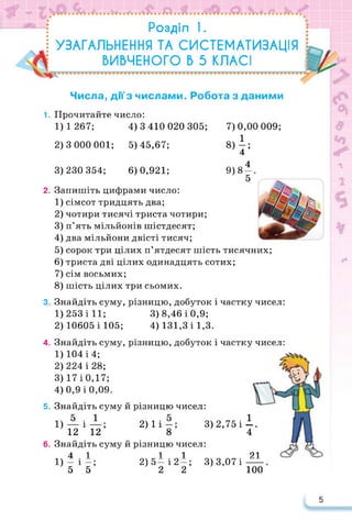 • •.V«
Розділ 1 .
УЗАГАЛЬНЕННЯ ТА СИСТЕМАТИЗАЦІЯ
ВИВЧЕНОГО Б 5 КЛАСІ
1.
2.
Числа, дмз числами. Робота з даними
Прочитайте число:
1) 1 267;
3)230 354;
2)3 000 001;
4)3 410 020 305; 7)0,00 009;
5) 45,67;
8)|;
6)0,921;
4
9)8—.
3.
4.
5.
Запишіть цифрами число:
1) сімсот тридцять два;
2) чотири тисячі триста чотири;
3) п’ять мільйонів шістдесят;
4) два мільйони двісті тисяч;
5) сорок три цілих п’ятдесят шість тисячних;
6) триста дві цілих одинадцять сотих;
7) сім восьмих;
8) шість цілих три сьомих.
Знайдіть суму, різницю, добуток і частку чисел:
1) 253 і 11; 3)8,46 і 0,9;
2) 10605 і 105; 4) 131,3 і 1,3.
Знайдіть суму, різницю, добуток і частку чисел:
1) 104 і 4;
2) 224 і 28;
3) 17 і 0,17;
4) 0,9 і 0,09.
Знайдіть суму й різницю чисел:
1) —і—; 2) 1 і —;
12 12 8
Знайдіть суму й різницю чисел:
41 11 21
1) —і—; 2)5 — і2 —; 3)3,07і —
5 5 2 2 100
3)2,75і і.
4
6.
5
 