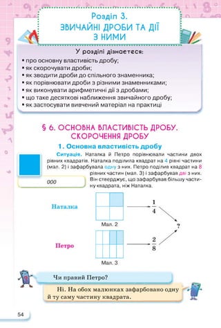 ••••••• • • • •
..^..л..^...С*.
Розділ 3.
ЗВИЧАЙНІ ДРОБИ ТА ДІЇ
З НИМИ
...............................
о
Л___
У розділі дізнаєтеся:
■ про основну властивість дробу;
■ як скорочувати дроби;
■ як зводити дроби до спільного знаменника;
■ як порівнювати дроби з різними знаменниками;
■ як виконувати арифметичні дії з дробами;
■ що таке десяткові наближення звичайного дробу;
■ як застосувати вивчений матеріал на практиці
§ 6. ОСНОВНА ВЛАСТИВІСТЬ ДРОБУ.
СКОРОЧЕННЯ ДРОБУ
1. Основна властивість дробу
Ситуація. Наталка й Петро порівнювали частини двох
рівних квадратів. Наталка поділила квадрат на 4 рівні частини
(мал. 2) і зафарбувала одну з них. Петро поділив квадрат на 8
рівних частин (мал. 3) і зафарбував дві з них.
Він стверджує, що зафарбував більшу части­
ну квадрата, ніж Наталка.
> Чи правий Петро?
1
Ні. На обох малюнках зафарбовано одну
й ту саму частину квадрата.
 