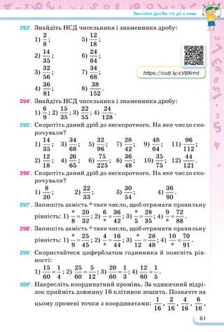 Звичайні дроби та дії з ними
1) 5)
2)
3)
4)
6)
7)
8)
12
18 ’
24
64’
34
__ •
68’
38
152
https://learningapps.org/watch?v=pb
Шрз://сиП.Іу/с/8Хгті
293°. Знайдіть НСД чисельника і знаменника дробу:
2
8 ’
14
35;
32
5б;
36
81’
294°. Знайдіть НСД чисельника і знаменника дробу:
„ £ . 2) 15 22 ^4.
9 35 55 128
295°. Скоротіть даний дріб до нескоротного. На яке число ско­
рочували?
1) —; 3)
35
2) —; 4)
18
34
__ •
68’
26
6ЇЇ;
32 28
5) 9б; 7>Ї2;
6) З)*«;
225 48
9) —; 11)^;
64 112
10) —; 12)—.
75 121
296°. Скоротіть даний дріб до нескоротного. На яке число ско­
рочували?
„А; 2)22; 3)^; 4)5».
20 33 54 90
297°. Запишіть замість * таке число, щоб отримати правильну
* 20 9. 6 36 * 28 .. 9 72
8 32 * 42 5 35 * 88
298е. Запишіть замість * таке число, щоб отримати правильну
* 25 _ 4 16 * 28 .. 10 70
рівність: 1) — = —; 2) — = —; 3) — = —; 4)— = —.
9 45 *44 12 48 * 91
299е. Скористайтеся циферблатом годинника й поясніть рів­
ності:
60 4 60 12 60 3 60 5
300°. Накресліть координатний промінь. За одиничний відрі­
зок прийміть довжину 16 клітинок зошита. Позначте на
12 4 6
цьому промені точки з координатами: —, —, —, — ,
16 16 16 16
61
 