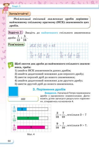 Розділ З
Запам’ятайте!
Найменший спільний знаменник дробів дорівнює
найменшому спільному кратному (НСК) знаменників цих
дробів.
2
Зведіть до найменшого спільного знаменника
дроби
1 . 5
12 1 16 '
Щоб звести два дроби до найменшого спільного знамен
ника, треба:
1) знайти НСК знаменників даних дробів;
2) знайти додатковий множник для першого дробу;
3) звести перший дріб до нового знаменника;
4) знайти додатковий множник для другого дробу;
5) звести другий дріб до нового знаменника.
3. Порівняння дробів
Завдання. Наталка й Петро порівнювали
дроби з однаковими знаменниками. Допо­
можіть дітям записати результати порівнян­
ня, спираючись на малюнок 4.
000
— < —, оскільки 3 < 7
10 10
— > —, оскільки 9 > 7.
10 10
68
 