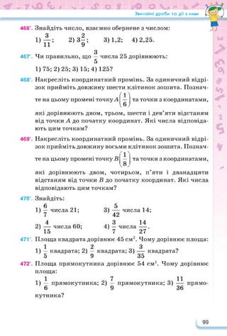 Звичайні дроби та дії з ними ! Гл
466°. Знайдіть число, взаємно обернене з числом:
і) А; 2)3її; 3)1,2; 4)2’25-
з
467°. Чи правильно, що — числа 25 дорівнюють:
5
1)75; 2) 25; 3)15; 4) 125?
468°. Накресліть координатний промінь. За одиничний відрі­
зок прийміть довжину шести клітинок зошита. Познач-
т
те на цьому промені точкуА — та точки з координатами,
Ь)
які дорівнюють двом, трьом, шести і дев’яти відстаням
від точки А до початку координат. Які числа відповіда­
ють цим точкам?
469°. Накресліть координатний промінь. За одиничний відрі­
зок прийміть довжину восьми клітинок зошита. Познач-
те на цьому промені точку В — та точки з координатами,
які дорівнюють двом, чотирьом, п’яти і дванадцяти
відстаням від точки В до початку координат. Які числа
відповідають цим точкам?
470°. Знайдіть:
0
1) — числа 21;
7
4
2) — числа 60;
15
5
3) — числа 14;
42
3 14
4) — числа —.
7 27
471°. Площа квадрата дорівнює 45 см2. Чому дорівнює площа:
12 3
1) — квадрата; 2) — квадрата; 3) — квадрата?
5 9 35
472°. Площа прямокутника дорівнює 54 см2. Чому дорівнює
площа:
17 11
1) — прямокутника; 2) — прямокутника; 3) — прямо-
6 9 36
кутника?
99
 