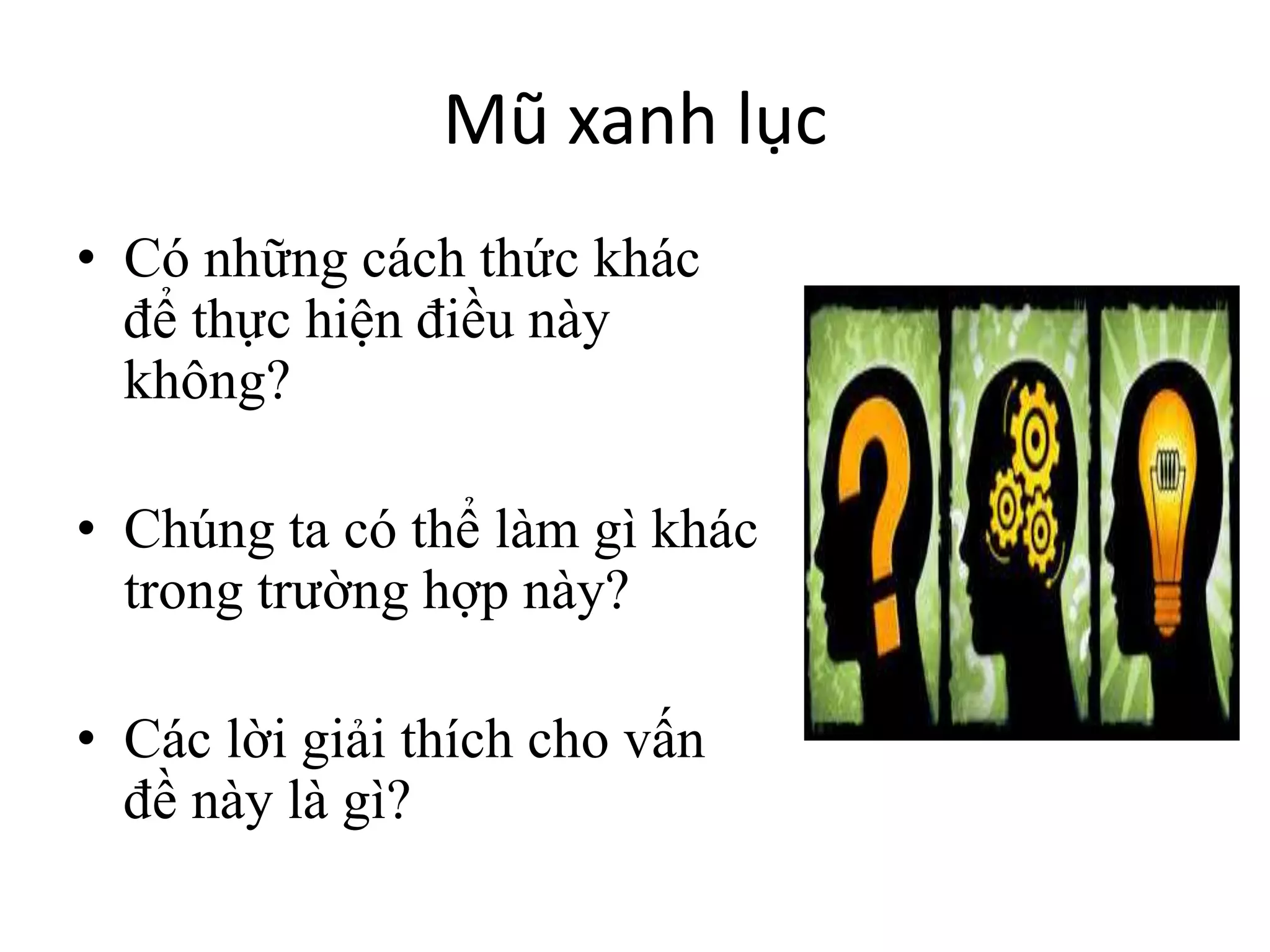 Mũ xanh lục
• Có những cách thức khác
để thực hiện điều này
không?
• Chúng ta có thể làm gì khác
trong trường hợp này?
• Các lời giải thích cho vấn
đề này là gì?
 