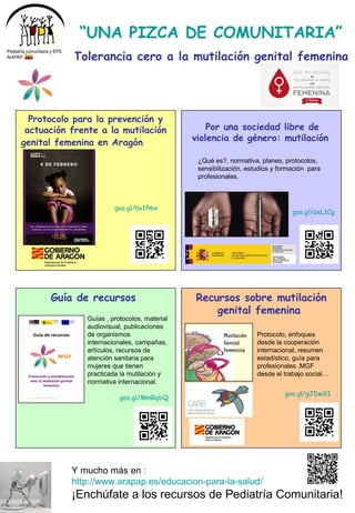 Y mucho más en :
http://www.arapap.es/educacion-para-la-salud/
¡Enchúfate a los recursos de Pediatría Comunitaria!
“UNA PIZCA DE COMUNITARIA”
Tolerancia cero a la mutilación genital femenina
Recursos sobre mutilación
genital femenina
Protocolo para la prevención y
actuación frente a la mutilación
genital femenina en Aragón
Guía de recursos
goo.gl/gJDwX1
goo.gl/MmRqbQ
Guías , protocolos, material
audiovisual, publicaciones
de organismos
internacionales, campañas,
artículos, recursos de
atención sanitaria para
mujeres que tienen
practicada la mutilación y
normativa internacional.
goo.gl/axL1Cg
Por una sociedad libre de
violencia de género: mutilación
¿Qué es?, normativa, planes, protocolos,
sensibilización, estudios y formación para
profesionales.
goo.gl/bv1fmx
Protocolo, enfoques
desde la cooperación
internacional, resumen
estadístico, guía para
profesionales ,MGF
desde el trabajo social…
 