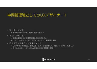 中間管理職としてのUXデザイナー2 
• 変化に抵抗する邪魔者から、より良い変化を提案する邪魔者へ 
• より強いリーダーシップ 
• パワーとしての知識 
• UXDがオーバースペックにならないようにビジネスへの理解を持つ 
• UXと事業の双方にコミットする意識 
• 共感してもらおうとするばかりではなく、相手を理解する意識を持つ 
• フレキシビリティとアジャイラビリティ 
• 先行者利益が事実としてある以上、スピードを削ることはしづらい 
• 柔軟な現場判断（実践知・暗黙知）が必要不可欠 
23 
 