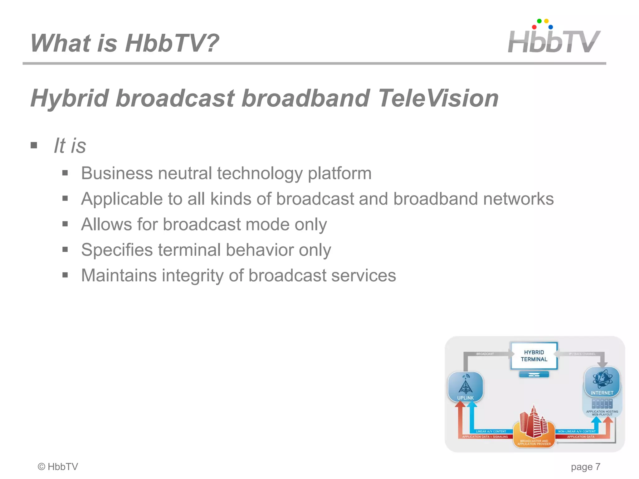 What is HbbTV?

Hybrid broadcast broadband TeleVision
 It is
          Business neutral technology platform
          Applicable to all kinds of broadcast and broadband networks
          Allows for broadcast mode only
          Specifies terminal behavior only
          Maintains integrity of broadcast services




 © HbbTV                                                                 page 7
 