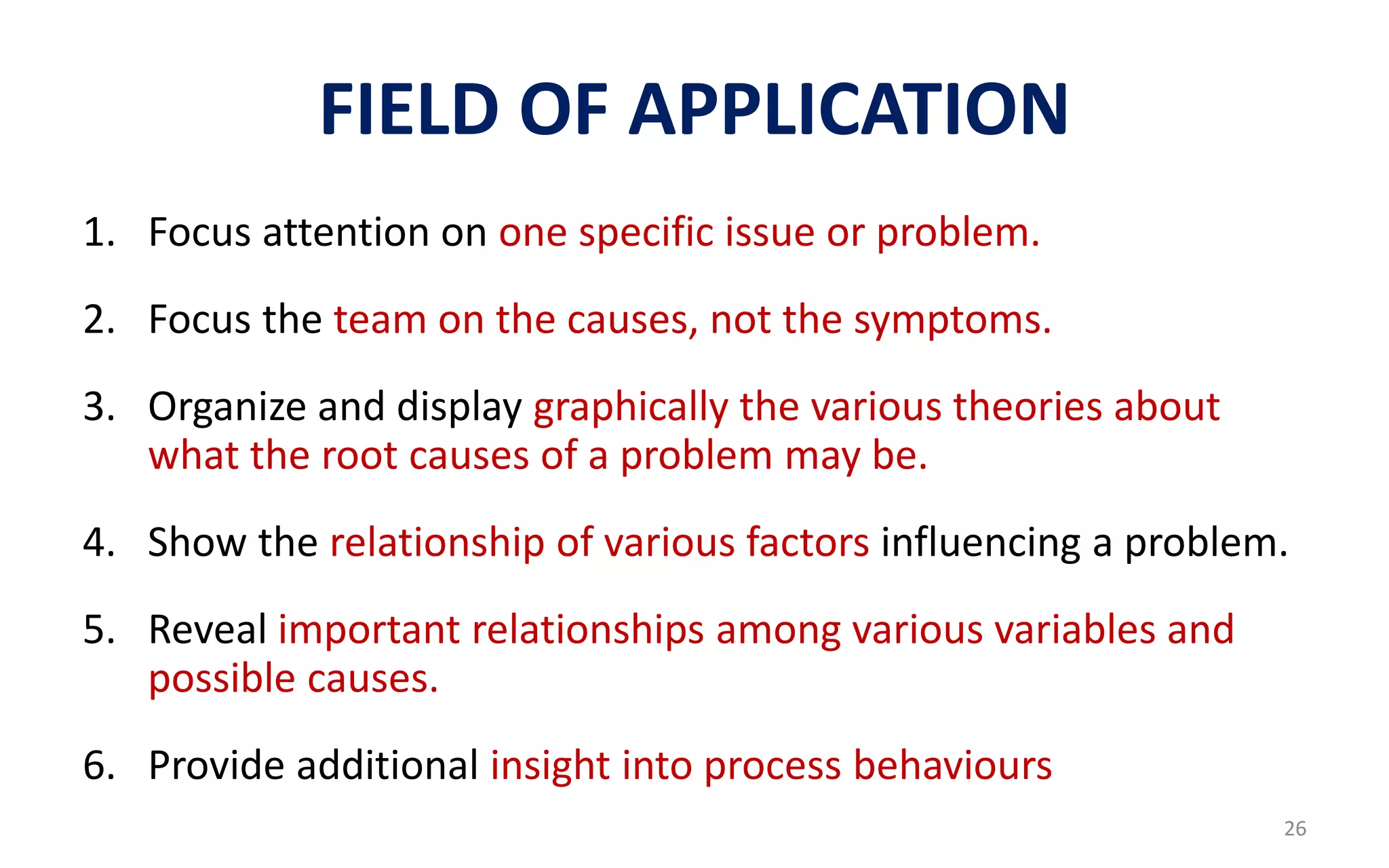 FIELD OF APPLICATION
1. Focus attention on one specific issue or problem.
2. Focus the team on the causes, not the symptoms.
3. Organize and display graphically the various theories about
what the root causes of a problem may be.
4. Show the relationship of various factors influencing a problem.
5. Reveal important relationships among various variables and
possible causes.
6. Provide additional insight into process behaviours
26
 