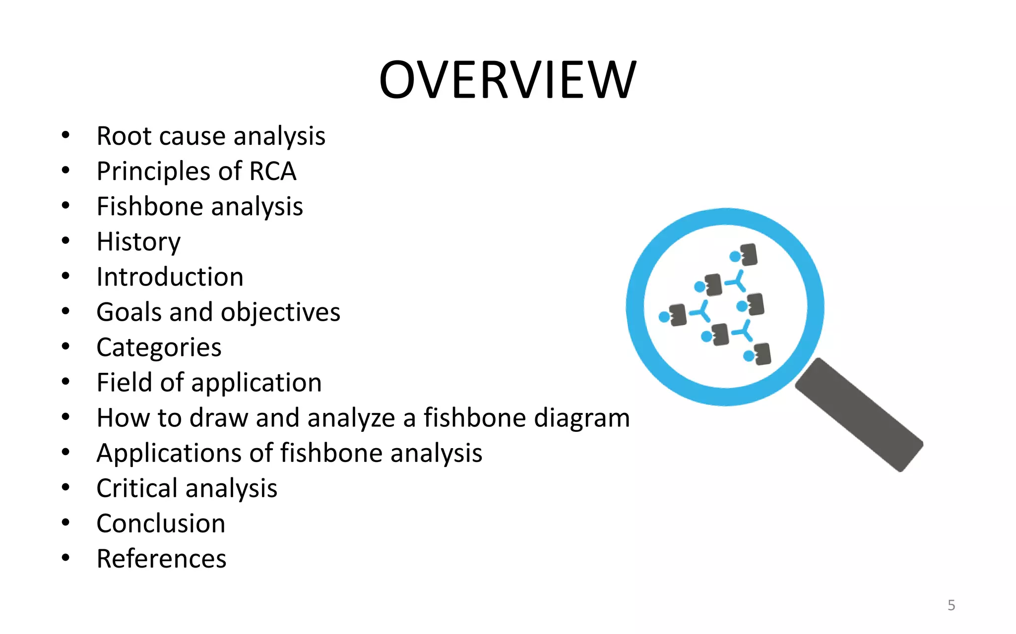 OVERVIEW
• Root cause analysis
• Principles of RCA
• Fishbone analysis
• History
• Introduction
• Goals and objectives
• Categories
• Field of application
• How to draw and analyze a fishbone diagram
• Applications of fishbone analysis
• Critical analysis
• Conclusion
• References
5
 