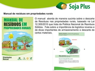 Manual de resíduos em propriedades rurais
O manual aborda de maneira sucinta sobre o descarte
de Resíduos nas propriedades rurais, baseado na Lei
12.305/2010 que trata da Politica Nacional de Resíduos
Sólidos. Fala sobre a importância da logística reversa e
dá dicas importantes de armazenamento e descarte de
certos materiais.
 