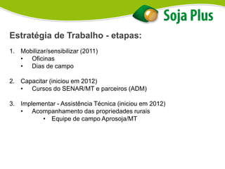 Estratégia de Trabalho - etapas:
1. Mobilizar/sensibilizar (2011)
• Oficinas
• Dias de campo
2. Capacitar (iniciou em 2012)
• Cursos do SENAR/MT e parceiros (ADM)
3. Implementar - Assistência Técnica (iniciou em 2012)
• Acompanhamento das propriedades rurais
• Equipe de campo Aprosoja/MT
 