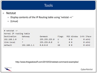 Tools
Netstat
   Display contents of the IP Routing table using ‘netstat –r ‘
   (Linux)




       http://www.thegeekstuff.com/2010/03/netstat-command-examples/
 