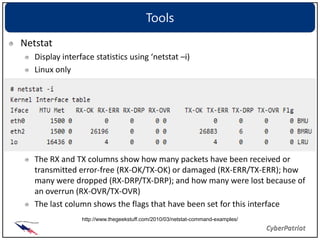 Tools
Netstat
   Display interface statistics using ‘netstat –i)
   Linux only




   The RX and TX columns show how many packets have been received or
   transmitted error-free (RX-OK/TX-OK) or damaged (RX-ERR/TX-ERR); how
   many were dropped (RX-DRP/TX-DRP); and how many were lost because of
   an overrun (RX-OVR/TX-OVR)
   The last column shows the flags that have been set for this interface
                 http://www.thegeekstuff.com/2010/03/netstat-command-examples/
 