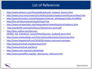 List of References
http://www.starlancs.com/EducateMe/educate_network_devices.html
http://www.cisco.com/univercd/cc/td/doc/product/iaabu/centri4/user/scf4ap1.htm
http://www.theshulers.com/whitepapers/internet_whitepaper/index.html#http
http://fcit.usf.edu/network/chap2/chap2.htm
http://www.comptechdoc.org/independent/networking/cert/netterms.html
http://packetlife.net/media/library/23/common-ports.pdf
http://docs.redhat.com/docs/en-
US/Red_Hat_Enterprise_Linux/3/html/Security_Guide/ch-ports.html
http://www.mediacollege.com/internet/troubleshooter/traceroute.html
http://www.thegeekstuff.com/2010/03/netstat-command-examples
http://www.wireshark.org/download.html
http://www.wireshark.org/docs/
http://www.snort.org/snort-downloads
http://www.openoffice.org/dev_docs/using_md5sums.html
 