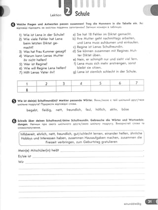 ж
]-е[{!оп
{{е]с}:е Ёга9еп шп6 Ап1игог1еп раззеп
в!дпов|д| п!дходять за здд!сто:и поданим
1) х//!е !з* !-епа !п 6ег 5сБц!е?
2) хА/!е у!е!е ЁеБ!ег 5а1 |-епа
Бе|гп !е{з1еп 9![<1а1 9е-
гпас!':13
3) л{'аз }'та1 Ёгац !(цгппег 9еза91?
4) ,!агшгп [апп !-епаз ААц11ег
!Бг п!сБ1 Бе!{еп?
5) х#ег !з1 Ре9!пе?
6) л/!е тм!!! Ре9!пе [-епа Бе![еп?
7) н!!{+ 1-епаз !а1ег !Бг?
5с}:ц[е
тцзапгпеп! 1га9 6!е },!цтпгпегп |п 61е 1аБе!1е е!п. 9к!
запитаннядд? 3апиш-:и но^^ери в та6лицпо.
а) 5!е Ба1 18 ЁеБ!ег !гп 9!]<1а1 9егпас}т1.
Б) !Бге Ац11ег 9еБ* пасБгп!11а9з агБе!1еп,
цпё [-епа гпшзз ац{гЁ0гпеп цпё е|п[<ац{еп.
с) Ре9!пе !з* !-епаз 5сБц!{гецп6!п.
ё) 5|е [<ёппеп 7ц5агпгпеп гп!1 Ре9!пез йц{-
1ег 9![1а1 й6еп'
е) ['.1е!п, ег зсБ!гпр{1 пцг цп6 з!еБ1 у|е[ {егп.
[) 1-епа гпшзз з!сБ гпеБг апз1геп9еп, зопз1
Б!е!Б1 з!е з!1:еп.
9) 1-епа !з1 :!егп|!сБ зсБ|есБ1 !п ёег 5сБц!е.
1 2 3 4 5 6 7
в
@ ш;" !з1 6е!п(е) 5с!1ц][гецп6(!п)! йаг&!ег раззепёе т#|5г1ег. 9киьл/якото с тв!й ьдк!льний друг/твоя
- :.дк!льна подруга3 [1!дкресли в!дпов!дн! слова.
Бе9аБ1, {1е!3!9, пе11, [гецп6!!сБ, {аш!, Бё{!!с}-т, а[<+!у, Бёзе
5с!тге|Б ЁБег 6е|пеп 5сБц|{гешп6/ёе1пе 5с|тц]{гецп6]п. 6еБгацс}:е 6]е т|{'6г1ег цпё {{ог1уегБ]п_
ёшп9еп' Ёапигци пРо свого гдк!льного друга/свого гшк!льну подРугу. 8икористай слова та
словосполучення.
1'ь;!{зБеге;1, еБг!|сБ, пе*1, {гешп6!!сБ, 9ш1/зс|т!есБ+ !егпеп, е|папёег Бе!1еп, ЁБп!!сБе |
! н'ььу' цп6 !п1егеззеп Ба6еп' 7ц5агпгпеп Ёацзац{9аБеп гпасБеп, ацзагпгпеп ё!е ,
Рге!:е!1 мег5г!п9еп, 7цгп 0е5цг1з1а9 9га1ш!!егеп
ААе|п(е) АА|1зсБй!ег(!п) Бе!3+
^/!г
е!пшпёёге!0!9
 