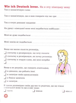 1[/|е 1с1д РецЁзс1т 1егпе . Акя вчу н1улецьку пдову
1ак я запаш1'ятову}о с^ова:
]ак я запаш1'ятовуто, 1:дФ я ш1а}о говорити п|д час гри:
1ак я готу}о дош1а1шн| завдання:
Ёа уроц| з н|штецько| ш1ови шлен| шодобасться найбйьтпе:
}1ен| не щ/)ке подобасться:
4ен1 зовс|шт не подобасться:
_-!
!
_1
*-]
9кшдо ш1и у1аем1о ск^асти розпов|дь,
спочатку я розш11рковуто, ш{о хочу сказати
спочатку я розшт|ркову}о, як почну розпов1дь
спочатку я згад/|о с^ова, як1 штен1 потр|бн|
9кш1о я не розуш:1то, 1{Ф говорить вчитель(ка),
-.] "
див^}ос9, 1{@ роблять 1нлп|
__.| я запиту}о сво|х однок^асник|в
я ботося запитати
я запиту}о
9 тако>к розпов1дато сво|ш1 Арузяш1 та родичаш1, !!{Ф ш1и вчи^и
з н|мецько| ш1ови та ш{о я в)ке зна}о:
_-1
--1
-_]
часто
,!.-|1ь
т
-_]
|нкоди ! н|кодтт
 