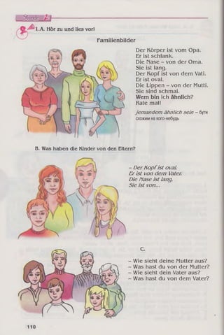 C.
- Wie sieht deine Mutter aus?
- Was hast du von der Mutter?
- Wie sieht dein Vater aus?
- Was hast du von dem Vater?
B. Weis haben die Kinder von den Eltern?
- DerK opfist oval.
Erist von dem Vater.
Die Nase ist lang.
Sie ist von...
( 9 ^
Familienbilder
Hör zu und lies vor!
Der Körper ist vom Opa.
Er ist schlank.
Die Nase - von der Oma.
Sie ist lang.
Der Kopf ist von dem Vati.
Er ist oval.
Die Lippen - von der Mutti.
Sie sind schmal.
Wem bin ich ähnlich?
Rate mal!
jemandem ähnlich sein - бути
схожимнакого-небудь
 