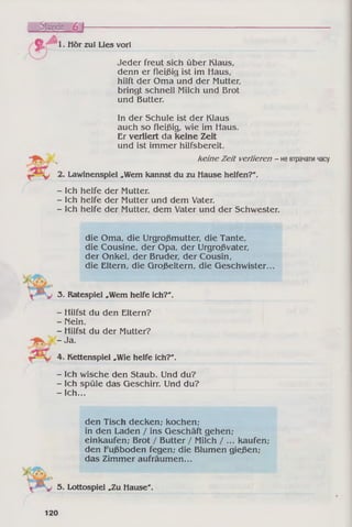 ф 1. Hör zu! Lies vor!
Jeder freut sich über Klaus,
denn er fleißig ist im Haus,
hilft der Oma und der Mutter,
bringt schnell Milch und Brot
und Butter.
In der Schule ist der Klaus
auch so fleißig, wie im Haus.
Er verliert da keine Zeit
und ist immer hilfsbereit.
keine Zeit verlieren - невтрачатичасу
. Lawinenspiel „Wem kannst du zu Hause helfen?".
- Ich helfe der Mutter.
- Ich helfe der Mutter und dem Vater.
- Ich helfe der Mutter, dem Vater und der Schwester.
Stunde 6 І---------------------------------------------------------------------------------------------------------------------------
die Oma, die Urgroßmutter, die Tante,
die Cousine, der Opa, der Urgroßvater,
der Onkel, der Bruder, der Cousin,
die Eltern, die Großeltern, die Geschwister...
3. Ratespiel „Wem helfe ich?".
- Hilfst du den Eltern?
- Mein.
- Hilfst du der Mutter?
- Ja.
4. Kettenspiel „Wie helfe ich?".
- Ich wische den Staub. Und du?
- Ich spüle das Geschirr. Und du?
- Ich...
den Tisch decken; kochen;
in den Laden / ins Geschäft gehen;
einkaufen; Brot / Butter / Milch / ... kaufen;
den Fußboden fegen; die Blumen gießen;
das Zimmer aufräumen...
5. Lottospiel „Zu Hause".
120
 