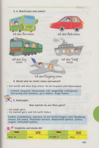 Uekf/on Y
4. A. Womit kann man reisen?
mit dem Auto rasen
mit dem ^ua mft dem Schiff
reisen / reisen
- '
mft dem Flugzeug reisen
B. Womit wirst du (nicht) reisen und warum?
- Ich werde mit dem Zug reisen. Es ist bequem und interessant.
schnell, bequem, interessant, toll, langweilig, unbequem,
viel/wenig Zeit nehmen, gern haben, Angst haben
5. Kettenspiel.
Was machst du am Meer gern?
- Ich bade gern.
- Du badest gern und ich surfe lieber.
baden, schwimmen, tauchen, in der Sonne liegen, eine Sandburg
bauen, Eis essen, Muscheln suchen, Wasserball spielen, surfen,
segeln, Volleyball spielen
■À* Vergleiche und merke dir!
y — 1 B3I29I
«1391 « ■ iKea
wsavssi
Bus m bus Schiff n ship
 
