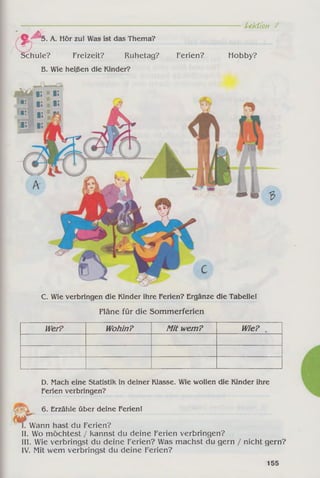 tmm
Lektion 7
^ 5. A. Hör zu! Was ist das Thema?
Schule? Freizeit? Ruhetag?
B. Wie heißen die Kinder?
Ferien? Hobby?
m #
C. Wie verbringen die Kinder ihre Ferien? Ergänze die Tabelle!
Fläne für die Sommerferien
Wer? Wohin? M it wem? Wie? ,
D, Mach eine Statistik in deiner Klasse. Wie wollen die Kinder ihre
Ferien verbringen?
6. Erzähle über deine Ferien!
. Wann hast du Ferien?
II. Wo möchtest / kannst du deine Ferien verbringen?
III. Wie verbringst du deine Ferien? Was machst du gern / nicht gern?
IV. Mit wem verbringst du deine Ferien?
155
 