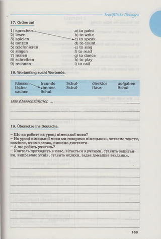 18. Wortanfang sucht Wortende.
Schriftliche Übungen
17. Ordne zu!
1) sprechen-
2) lesen
3) spielen
4) tanzen
5) telefonieren
6) singen
7) malen
8) schreiben
9) rechnen
a) to paint
b) to write
>c) to speak
d) to count
e) to sing
f) to read
g) to dance
h) to play
i) to call
Klassen-
fächer
sachen
freunde
nimmer
Schul­
Schul-
Schul-
direktor
Haus­
aufgaben
Schul-
Das Klassenzimmer: ...
19. Übersetze ins Deutsche.
- Що ви робите на уроці німецької мови?
- На уроці німецької мови ми говоримо німецькою, читаємо тексти,
комікси, вчимо слова, пишемо диктанти.
- А що робить учитель?
- Учитель приходить в клас, вітається з учнями, ставить запитан­
ня, виправляє учнів, ставить оцінки, задає домашнє завдання.
 