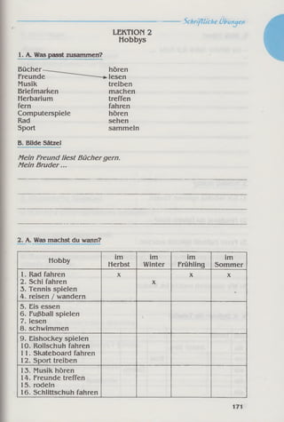 Schriftliche Übungen
1. A. Was passt zusammen?
Bücher -
Freunde
Musik
Briefmarken
Herbarium
fern
Computerspiele
Rad
Sport
LEKTION 2
Hobbys
hören
lesen
treiben
machen
treffen
fahren
hören
sehen
sammeln
B. Bilde Sätzel
Mein Freund liest Büchergern.
Mein Bruder...
2. A. Was machst du wann?
Hobby
im
Herbst
im
Winter
im
Frühling
im
Sommer
1. Rad fahren
2. Schi fahren
3. Tennis spielen
4. reisen / wandern
X
X
X X
5. Eis essen
6 . Fußball spielen
7. lesen
8. schwimmen
4
9 . Eishockey spielen
10. Rollschuh fahren
11. Skateboard fahren
12. Sport treiben
13. Musik hören
14. Freunde treffen
15. rodeln
16. Schlittschuh fahren
171
 