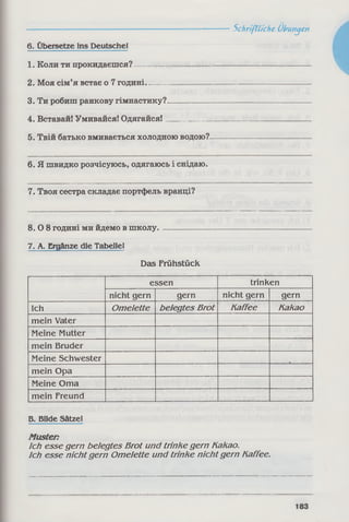 Schriftliche Übungen
6. Übersetze ins Deutschei
1. Коли ти прокидаєшся?------------
2. Моя сім’я встає о 7 годині.-------
3. Ти робиш ранкову гімнастику?.
4. Вставай! Умивайся! Одягайся! _
5. Твій батько вмивається холодною водою?-
6. Я швидко розчісуюсь, одягаюсь і снідаю. І
7. Твоя сестра складає портфель вранці?
8.0 8 годині ми йдемо в школу.
7. A. Ergänze die Tabellel
Das Frühstück
essen trinken
nicht gern gern nicht gern gern
Ich Om elette belegtes Brot Kaffee Kakao
mein Vater
Meine Mutter
mein Bruder
Meine Schwester
mein Opa
Meine Oma
mein Freund
B. Bilde Sätze!
Muster:
Ich esse gern belegtes Brot und trinke gern Kakao.
Ich esse nicht gern Om elette und trinke nichtgern Kaffee.
 
