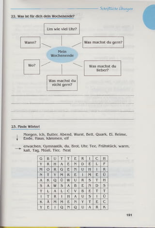 Schriftliche Übungen
22. Was ist für dich dein Wochenende?
Um wie viel Uhr?
Wann? Was machst du gern?
Mein
Wochenende
Wo?
" " " ^
Was machst du
lieber?
Was machst du
nicht gern?
23. Finde Wörter!
I Morgen, ich, Butter, Abend, Wurst, Bett, Quark, Ei, Reime,
I Ende, Haus, kämmen, elf
erwachen, Gymnastik, du, Brot, Uhr, Tee, Frühstück, warm,
kalt, Tag, Müsli, Tier, Nest
G B U T T E R 1 C H
Y R H A E N D E L F
M O R G E H U H I R
H T Y M R E I M E Ü
A K Q Ü W U R s T H
S A W s A B E N D s
T L A L C V B E T T
I T R I H A U S 1 ü
K Ä M M E M Y T E c
Y E 1 Q IM Q U A R K
191
 
