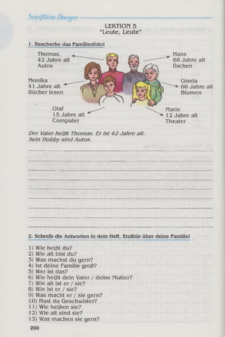 LEKTION 5
Leute, Leute
1. Bescherbe das Familienfoto!
Thomas,
42 Jahre
Autos
Hans
68 Jahre alt
fischen
Monika
41 Jahre alt
Bücher lesen
Gisela
66 Jahre alt
Blumen
Olaf
15 Jahre alt
Computer
Marie
12 Jahre alt
Theater
Der Vaterheißt Thomas. Er ist 42 Jahre alt.
Sein Hobby sind Autos.
2. Schreib die Antworten in dein Heft. Erzähle über deine Familie!
1) Wie heißt du?
2) Wie alt bist du?
3) Was machst du gern?
4) Ist deine Familie groß?
5) Wer ist das?
6) Wie heißt dein Vater / deine Mutter?
7) Wie alt ist er / sie?
8) Wie ist er / sie?
9) Was macht er / sie gern?
10) Hast du Geschwister?
11) Wie heißen sie?
12) Wie alt sind sie?
13) Was machen sie gern?
 