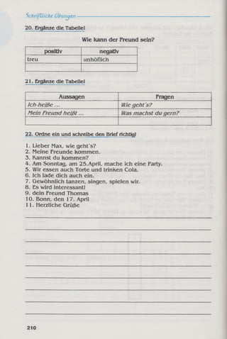Schriftliche Übungen
20. Ergänze die Tabelle!
Wie kann der Freund sein?
positiv negativ
treu unhöflich
21.jErgänze die Tabelle!
Aussagen Fragen
Ich h eiß e... Wie geht's?
Mein Freund h eiß t... Was machst du gern?
22. Ordne ein und schreibe den Brief richtig!
1. Lieber Max, wie geht's?
2. Meine Freunde kommen.
3. Kannst du kommen?
4. Am Sonntag, am 25.April, mache ich eine Party.
5. Wir essen auch Torte und trinken Cola.
6. ich lade dich auch ein.
7. Gewöhnlich tanzen, singen, spielen wir.
8. Es wird interessant!
9. dein Freund Thomas
10. Bonn, den 17. April
11. Herzliche Grüße
210
 